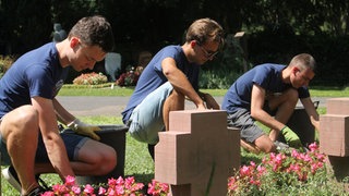 Drei junge Männer pflegen Kriegsgräber auf dem Friedhof Karlsruhe. Kriegsgräber sind laut Tempel-Bornett eine Mahnung zum Frieden und regen gerade auch im Hinblick auf den Krieg in der Ukraine zum Nachdenken an.