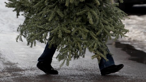 Ein Mann bringt seinen Weihnachtsbaum zur Entsorgung an eine Sammelstelle. Diese Sammelstellen werden von den Städten betrifen und befinden sich oft in mehreren Stadtteilen, um eine bequeme Entsorgung zu gewährleisten.