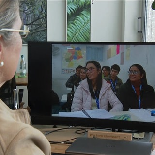 Eine Frau sieht sich einen Beitrag mit indischen Erzieherinnen am Computer an