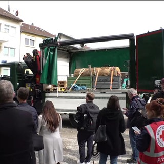 Eine entschärfte Weltkriegsbombe auf einem Laster in Pforzheim