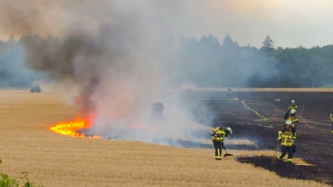 Einsatzkräfte bekämpfen ein Feuer auf einem Feld bei Rheinstetten
