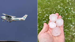 Ein Hagelflieger in der Luft, rechts große Hagelkörner auf einer Hand