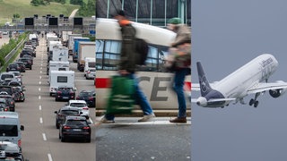 Auf dem Foto sind drei Bilder: Stau auf der Autobahn, Menschen, die an einer Bahn vorbeilaufen und ein Flugzeug in der Luft.
