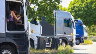 Ein Lkw-Fahrer sitzt bei sommerlichen Temperaturen nur mit kurzer Hose bekleidet in der abgedunkelten Führerkabine seines Lkw auf einem Rastplatz. Das Lkw-Fahrverbot an Sonn- und Feiertagen soll in BW ausgesetzt werden (Symbolbild).