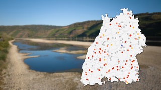 Rhein mit Niedrigwasser mit Karte mit allen Pegelstationen in Baden-Württemberg