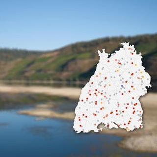 Rhein mit Niedrigwasser mit Karte mit allen Pegelstationen in Baden-Württemberg