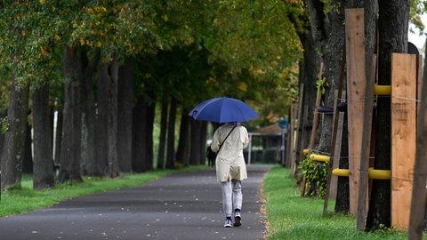 Eine Spaziergängerin an den Poller Wiesen schützt sich mit einem Schirm vor dem Regen. In den kommenden Tagen wird in BW ein Wetterwechsel erwartet.