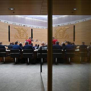 BW-Trend Oktober 2026: Grüne mit Özdemir in aktueller Umfrage klar stärkste Kraft - CDU im Sinkflug, AfD im Aufwind. Abgeordnete im Plenarsaal spiegeln sich während einer Sitzung des Landtags in einer Türscheibe.