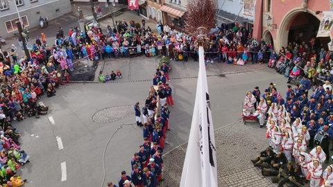 Blick von einem Fenster aus nach unten. Dort liegt der mehrere Meter lange Narrenbaum. Neben ihm stehen die 20-Jährigen.