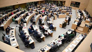 Abgeordnete sitzen bei einer Landtagssitzung in Stuttgart.