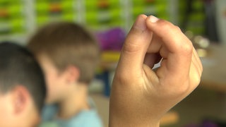 Ein Schüler streckt während des Unterrichts seine Hand in die Höhe