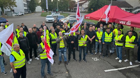 SWEG-Streikende mit ver.di-Westen und Fahnen in Lahr