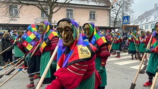 Narren ziehen beim großen Umzug des Landschaftstreffens durch Aulendorf