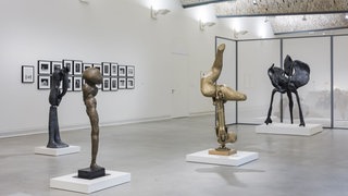 Skulptur "Goldfinger" in der Mitte - Ausstellung von Alina Szapocznikow im Kunstmuseum Ravensburg. 