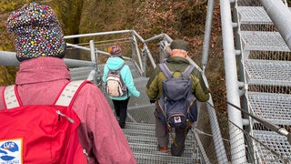 Wanderer sind auf dem Stahlsteg in der Marienschlucht am Bodensee unterwegs.