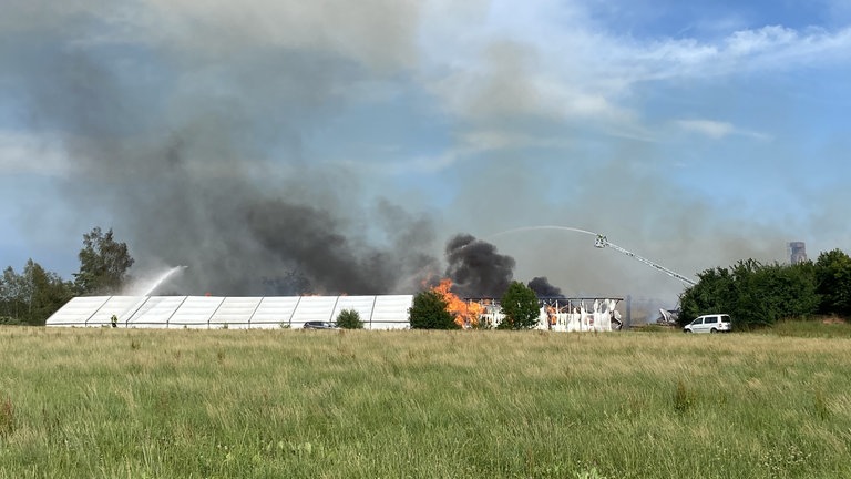 Ein Brand in einem Holzbetrieb bei Eberhardzell. Einsatzkräfte versuchen die Flammen zu löschen.