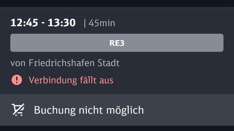 Ein Screenshot der DB-Navigations-App zeigt Zugausfälle auf der Bodenseegürtelbahn.