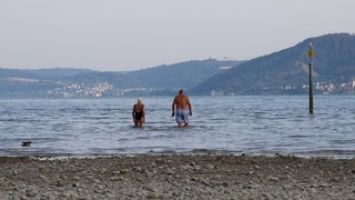 Menschen baden im Bodensee vor Konstanz-Wallhausen.