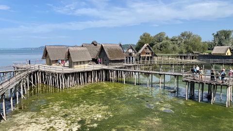 Die Pfahlbauten in Unteruhldingen stehen aktuell wegen des Niedrigwassers im Bodensee so gut wie auf dem Trockenen. Das könnte auf Dauer zum Problem werden.