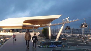 Eine Visualisierung zeigt eine Station der Seilbahn in Heilbronn zwischen Experimenta-Parkhaus und Hauptbahnhof in Heilbronn. Noch plant die Stadt.