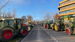 Traktoren  vor der Lidl-Zentrale in Bad Wimpfen. Wegen einer Demo kommt es zu Verkehrsbehinderungen.