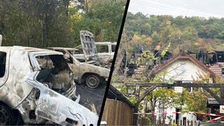 Zwei Fotos. Ausgebrannte Autos und Wohnhausbrand. 