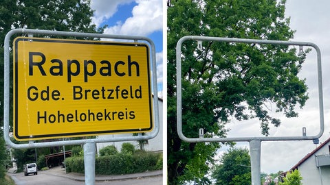 Das Ortsschild mit Schreibfehler aus dem Bretzfelder Ortsteil Rappach ist verschwunden (Montage). Diebe waren schneller als das Ordnungsamt.