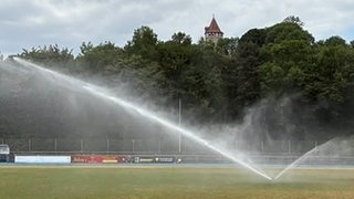 Rund 500 m³ Wasser aus dem städtischen Hallenbad wird derzeit in Möckmühl abgelitet - und zwar auf den Sportplatz. Dort ist der Rasen durch die Hitze in Mitleidenschaft gezogen worden. 