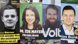 Philipp Berner (FDP), Zoe Mayer (Grüne), Fabian Gaukel (Volt) und Tobias Bunk (CDU) treten in Karlsruhe für ihre Parteien bei der Bundestagswahl an. Sie sind alle jünger als 30 Jahre.