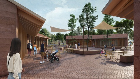 Eine Computersimluation zeigt das Zentrum des neuen Besucherzentrums des Wildparks Pforzheim. Hier soll eine Art Dorfplatz entstehen. 