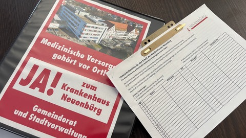 Flyer und eine Unterschriftenliste gegen die Schließung des Krankenhauses in Neuenbürg.