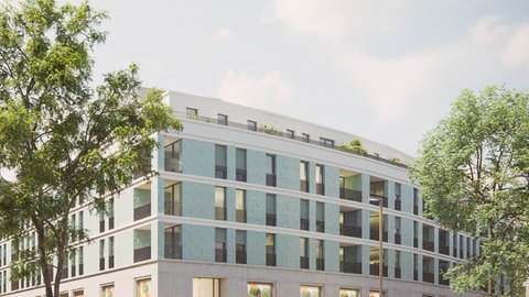 Ein neues Gebäude der Schlossberghöfe in Pforzheim steht zwischen zwei großen, grünen Bäumen.