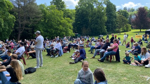 Viele Menschen sitzen im Gras und schauen sich das Programm auf der großen Bühne an