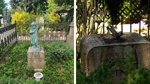 Statue auf dem Schriesheimer Friedhof - vor und nach dem Diebstahl