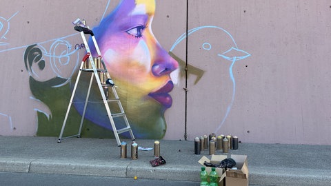 Ein Graffitikunstwerk mit einem Frauenkopf und einem Vogel - noch unfertig.