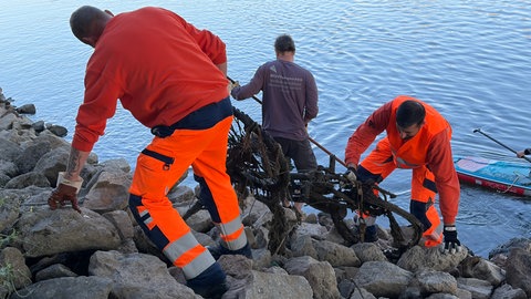 Die Mitarbeiter des Stadtraumservice Mannheim helfen, ein Fahrrad ans Ufer zu bringen.