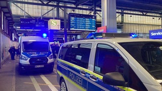 Polizeifahrzeuge stehen am Dienstag an den Gleisen des Stuttgarter Hauptbahnhofs wegen einer Sperrung