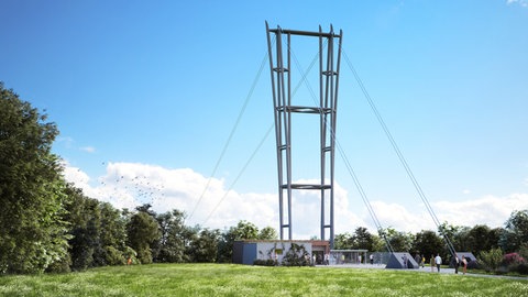 Man sieht ein animiertes Bild des Pylons der "NECKAR LINE" an dem die Seile für die Hängebrücke gespannt werden soll.