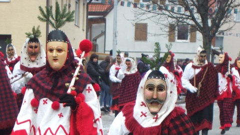 Der Butz aus Hirrlingen (Kreis Tübingen) trägt eine flache "Brettleslarve" und in einem auf die Maske genagelten Stirnleder steckt ein grünes Tannenzweigle. 
