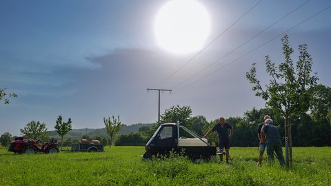 Die Herren vom Mössinger Gießtrupp sind immer am frühen Morgen oder am Abend bei ihren Bäumen auf den Streuobstwiesen unterwegs.