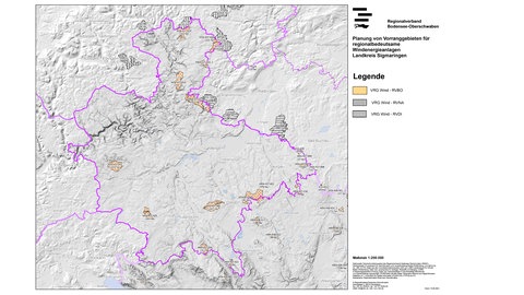 Topografische Karte vom Landkreis Sigmaringen mit Vorranggebieten für Windenergieanlagen.