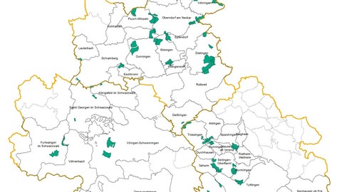 Übersichtskarte vom Gebiet Schwarzwald-Baar-Heuberg mit Gebieten für Regionalbedeutsame Windkraftanlagen.