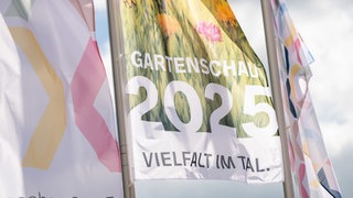 Fahnen mit der Aufschrift «Gartenschau 2025 - Vielfalt im Tal» wehen auf dem Marktplatz vor Beginn der Gartenschau. 