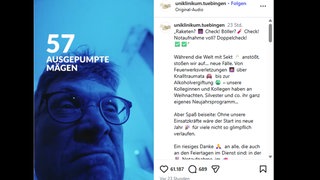 Ein Screenshot aus dem Video auf Instgram: Links ist der überarbeitete Arzt, rechts das Kommentarfeld des Beitrags. Das Video der Uniklinik Tübingen ist viral gegangen.
