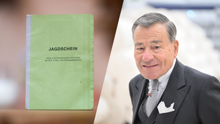 Ein grüner Jagdschein neben einem Porträtbild von Wolfgang Grupp, der sich nach seinem Suizidversuch selbst bei der Waffenbehörde gemeldet hat, um die Waffenerlaubnis zurückzugeben.