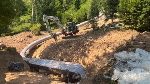 Die 43 meter lange Rutsche schlängelt sich den Stadtgarten hinuter vorbei an einem Bagger