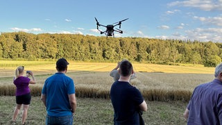 Landwirte und andere Interessierte beobachten eine Drohne bei der Aussaat am Versuchsfeld in St. Johann im Kreis Reutlingen.