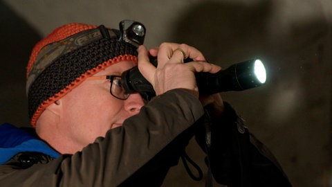 Fledermausexperte Dirk Häckel zählt die Fledermäuse in der Ulmer Wilhelmsburg, bewaffnet mit einem Fernglas und einer Taschenlampe.