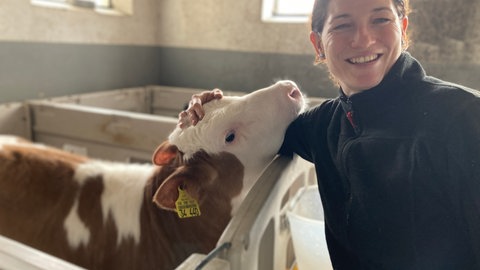 Rebecca Gerstmeier mit einem braun-weiß-gefleckten Kälbchen. Das in einer Holzbox stehende Jungtier wird von der Bäuerin gestreichelt.