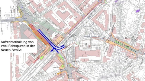 Eine Karte der Stadt Ulm. Sie zeigt den neuen Verlauf am Ehinger Tor. Dort werden drei von fünf Fahrspuren wegen einer Baustelle gesperrt.